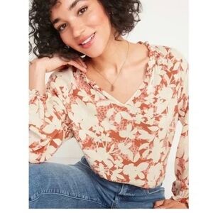 Ruffled Floral-Print Split-Neck Blouse